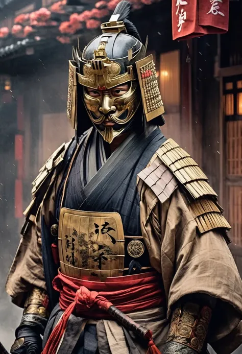 A Japanese warrior ronin with magnificent mask in portrait, the atmosphere is heavy and sad. Its very detailed and in the atmosphere of the old quarter of the time, spirits cling to his shoulders, he holds his sword of spiritual balance 