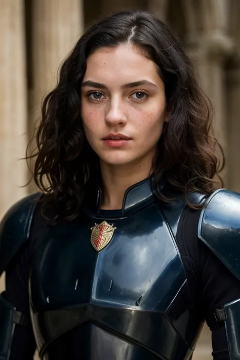 ((Best Quality)), ((masterpiece)), (detailed), A woman with shoulder-length medium curly black hair, dark blue eyes, with little freckles on his nose. With a battle suit from ancient times. with serious expression 