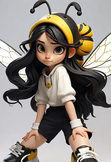 A character with the characteristics: long black hair white skin happy face a yellow and black white outfit with black and yellow shorts and black sneakers with a bee hat with blue wings with the character flying