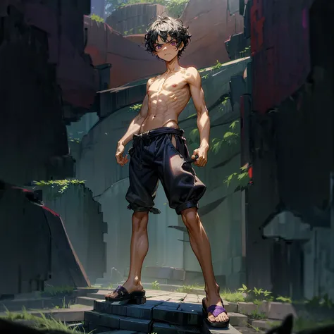 1children boy, Full body version, 1character, purple eyes, short haircut, angry eyes, black color hair, topless, sandals, Grassroots, full background in town, motion blur, lighting, (one piece art), standing gesture