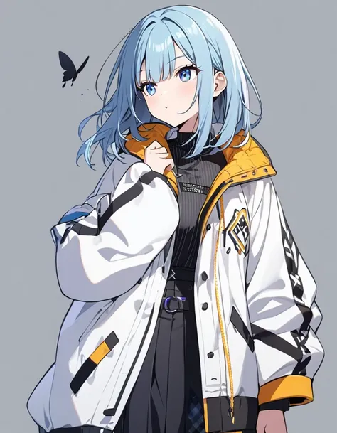 Butterflies are flying、Looking to the side、1girl, stylish, stylish code, large jacket, simple white background