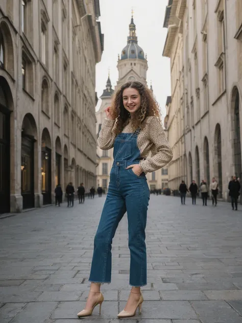 her name is Amelie, high quality, 1girl, ((25-year-old fit Caucasian woman)), ((25 years old)), ((BODY TYPE: HOURGLASS)), ((LONG CURLY HAIR)), SMILING, pose: standing, wearing Well-dressed Generation-Z modern wear VARIETY colored, BACKGROUND:  "Strolling t...