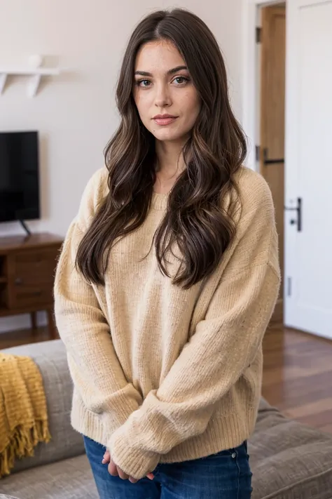 a beautiful girl, face detail, brown eyes, caucasian type, standing still in a living room, position séduisante,