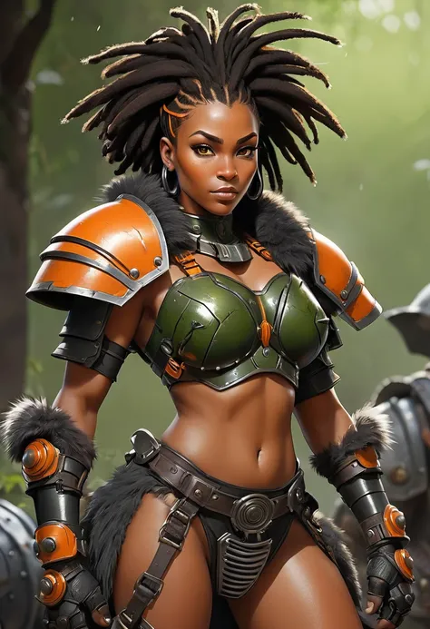  imagine a high tech barbarian combining futuristic heavy orange power armor with primitive (barbaric furs) and loin cloth, her outer armor is a bold orange while her under layers are a dark green. under the armor liner covers her upper body and arms under...