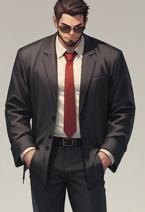 faceless male, black suit, red necktie, solo,  hands on pockets, white Tied  hair , Sunglasses , short Beard ,[muscular::3]
