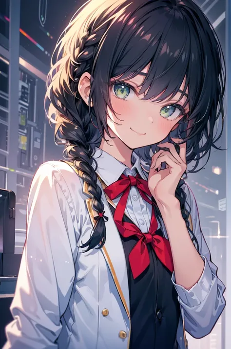 (masterpiece), Highest quality, One girl, Black Hair, Bob, Braiding, Green Eyes, smile, (he is short), (Young), Small breasts, (No breasts), navy and white blazer, Red ribbon on chest, School uniforms, High resolution