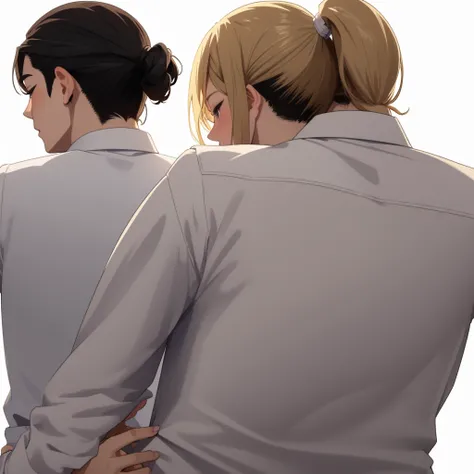 view of the back of a dark haired boy,white shirt and in front of him a girl with ponytail hair, blonde color, eyes closed and blushing, hugging him and digging her nails into him, anime style, White background, back view