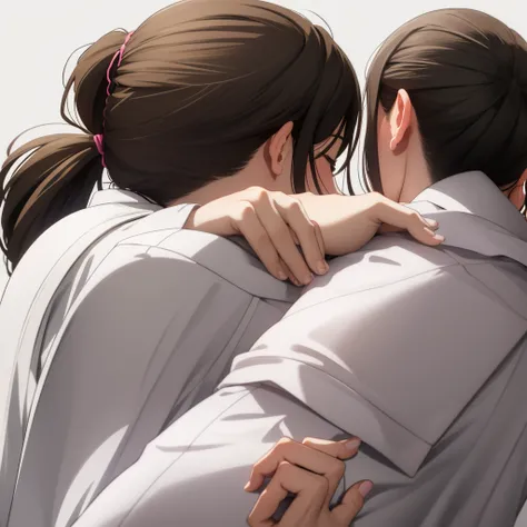 view of the back of a dark haired boy,white shirt and in front of him a girl with ponytail hair, blonde color, eyes closed and blushing, hugging him and digging her nails into him, anime style, White background, back view