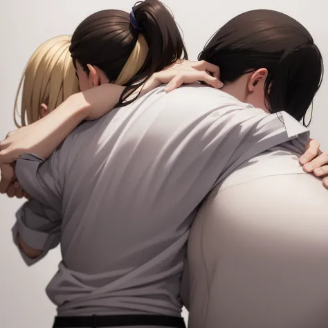 view of the back of a dark haired boy,white shirt and in front of him a girl with ponytail hair, blonde color, eyes closed and blushing, hugging him and digging her nails into him, anime style, White background, back view