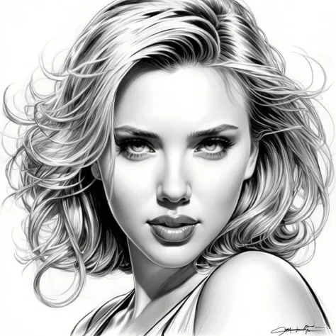 art style drawing, Jim Lee art style, Scarlett Johansson preto e branco