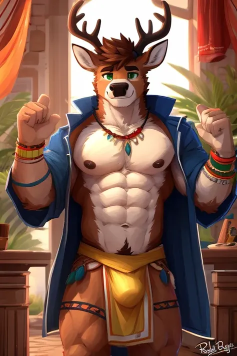 (masterpiece, Best Quality:1.2), relaxed, proud gesture, deer, detailed face, detailed body, 5 fingers, Detailed hands, strong abs, pair of nipples, defined pectorals, green eyes, detailed eyes, short hair same coat color, 2 arms, homosexual, crotch bulge,...