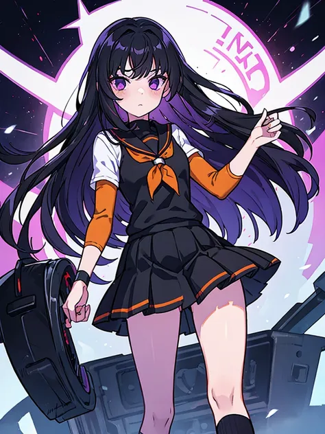 A 14 year old girl, Named: Robin, with long black hair, purple eyes, and white skin tone, has an emo personality, likes dark things and horror things, Wearing an orange cheer uniform, Standing on a school football field.