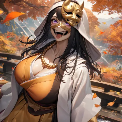 A woman wearing an orange monk uniform with long sleeves, a long dress,Japanese style necklace around the neck, on a Japanese aesthetic bridge, autumn trees, orange leaves,white hood in hair, big breasts,several orange leaves falling, orange aura, orange e...