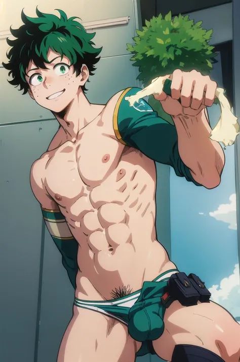 (masterpiece, Best Quality:1.2), Alone, male focus, 1 boy, Izuku Midoriya, smile, looking at the viewer, short green hair, green eyes, bulge, green bikini, freckles, girly, effeminated boy,