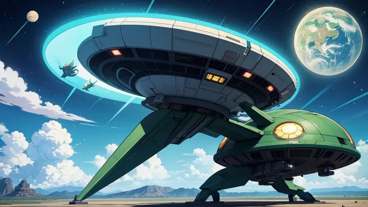 an alien spacecraft arriving on earth inspired by Dragon Ball, art by Akira Toryama, high quality image