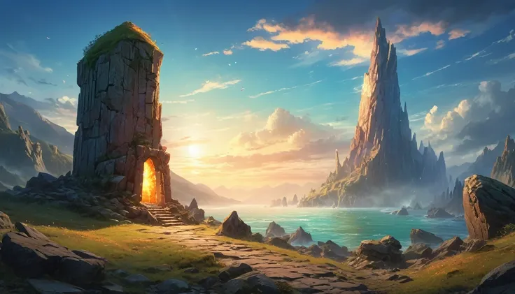 (anime, fantasy, stone beacon),(best quality, highres, HDR:1.2), vibrant colors, mysterious atmosphere, big stone beacon on the horizon, elven encryption, weathered, crumbling down, debris, general shot, ethereal light, fantastical landscapes