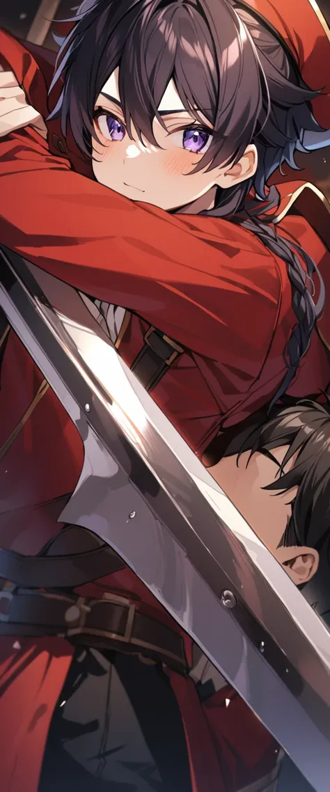 1boy, teenager, cuddle, Pretty Face, black hair, purple eyes, wearing a red pirate uniform, holding a sword.