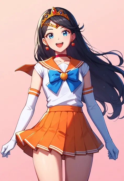 score_9, score_8_up, score_7_up,score_6_up, score_5_up, score_4_up , 1girl, solo, aavenus, long hair, blonde hair, hair bow, tiara, earrings, blue eyes, orange choker, orange sailor collar, blue bow, white shirt, elbow gloves, white gloves, pleated skirt, ...