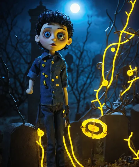 Man doll based on the “Coraline” movie. He has buttons for his eyes. He has curly black hair. Your lips are full and brown. Your skin is white. hes in a cemetery, looks like a scene from a horror movie, There is a pole with blue and yellow neon lights, 