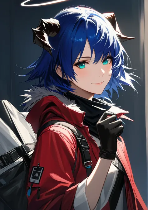 (woman), ((Mostima from arknights)), masterpiece, best quality, blue hair, ((short hair)), horns, plain white shirt, red fullbody coat, red hood, dark blue eyes, realistic anime style, smiling, ((portrait)), black gloves, carring a bag, halo.