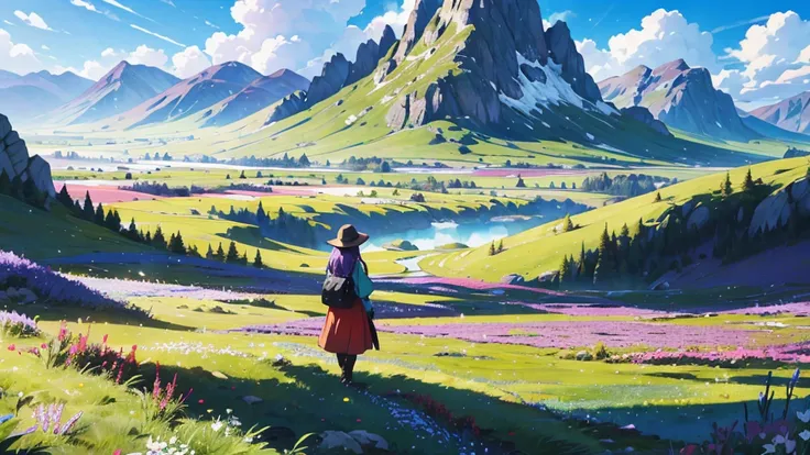 a woman stood on the grass, woman from a distance, landscape, clear blue sky and underneath a large valley mountain with flower colorful color blue red green purple yellow and fantasy