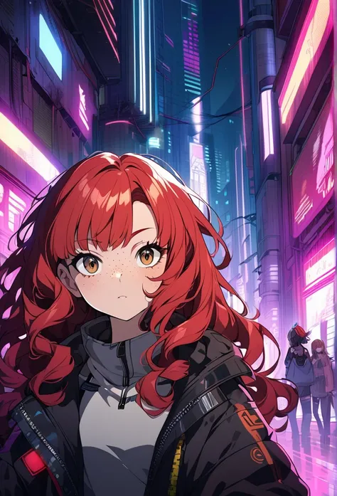 A  girl, red hair, curly hair, brown eyes, jacket, cyberpunk background, anime style, freckles