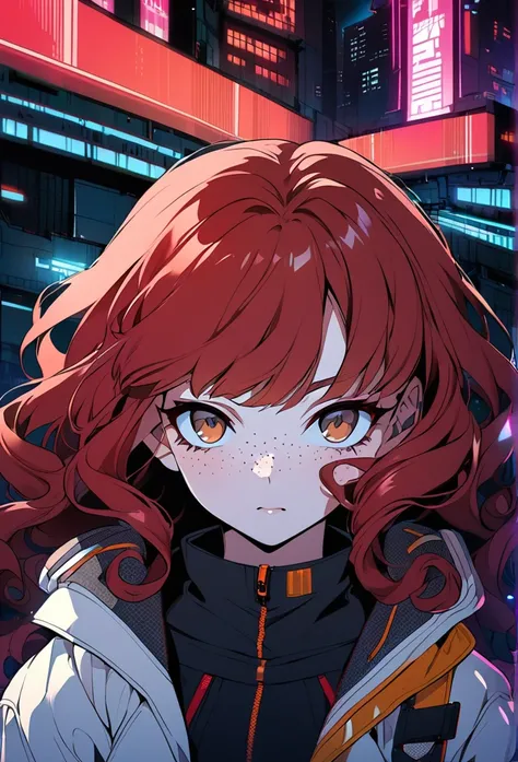 A  girl, red hair, curly hair, brown eyes, jacket, cyberpunk background, anime style, freckles