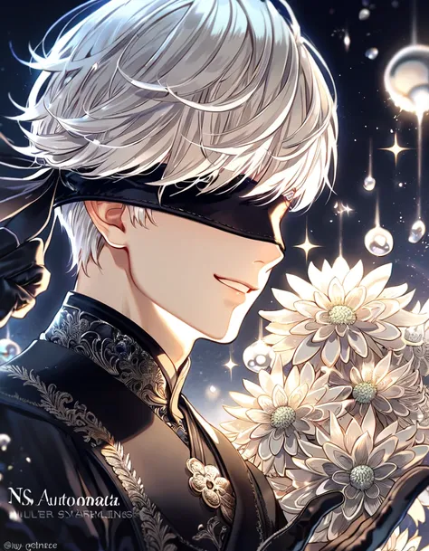 absurdres, highres, ultra detailed, HDR, master piece, best quality, extremely detailed, 9s, white hair, blindfolded, Nier Automata, solo, sexy man, handsome, smile, sensual, black clothes, black gloves, fantasy, water, sparkling, silver glittering firefli...