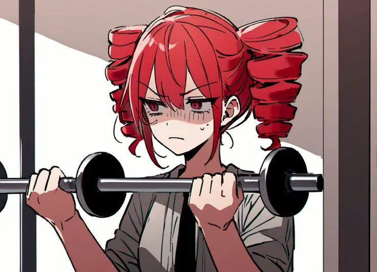 Red hair, lifting barbell, tired face