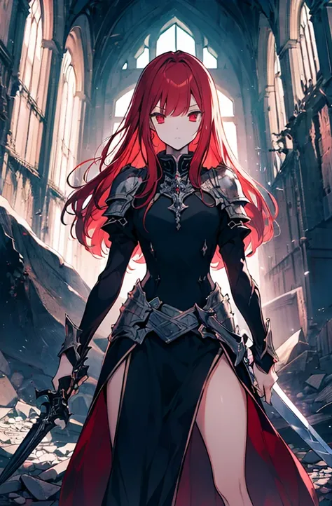 4k,hight resolution,one woman,bright red hair,longhaire,red eyes,knights,white sacred armor,jewel decorations,big sword,medieval...