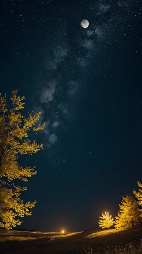 Create a beautiful starry night in yellow with a moon that can be seen in the distance. I want it to be something magical in intense yellow without people being there. 