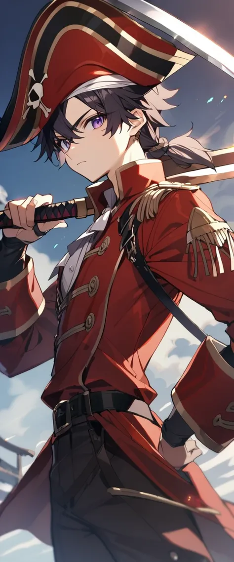 1boy, teenager, Pretty Face, black hair, purple eyes, wearing a red pirate uniform, holding a sword in hand.