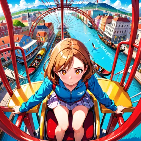 (Highest quality, Super detailed, Realistic: 1.37), Humorous, Cartoon style, Thick lines, Bright colors, Birds eye view, A passengers perspective on a gondola, Romantic comedy, A high school girl on a Ferris wheel sits on a chair inside the gondola, (leani...