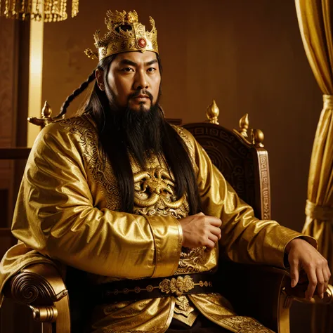 full body, an ancient chinese emperor sit on dragons throne, long beard, luxurious headdress, portrait, empty background, long s...