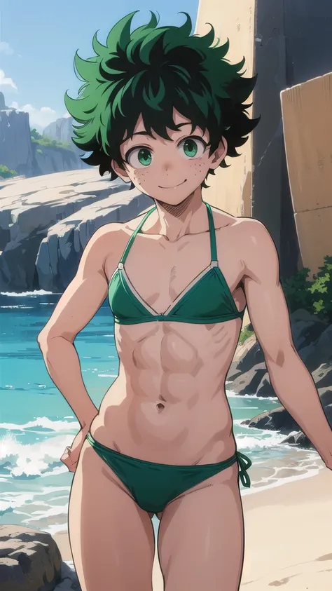 (masterpiece, Best Quality:1.2), Alone, male focus, 1 boy, Izuku Midoriya, smile, looking at the viewer, short green hair, green eyes, bulge, green bikini, freckles, girly, effeminated boy, shy smile, slightly blushed, wide hips, curvy male, crossdresser,