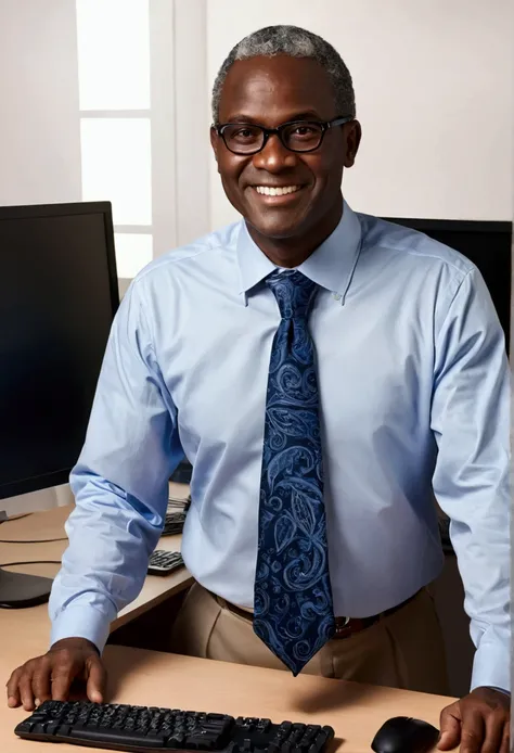 young homem africano, fifty, small eyes, slightly-smile, grey hair, custom, in front of the computer, commercial image, realisit...