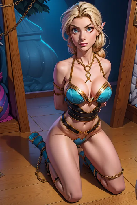 ((Full body photo, standing, on the floor)) 1slave, elza  from Disneys "Frozen." in chains, tied up, elf in handcuffs, crouching, kneeling, knees on the floor, bikini, medium breasts, girl in chains, chains, knees open, shy and embarrassed expression, crow...