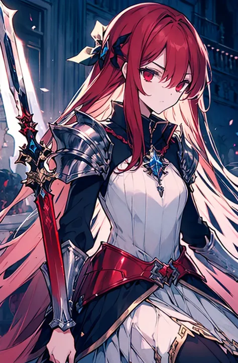 4k,hight resolution,one woman,bright red long hair,longhaire,red eyes,knights,white sacred armor,jewel decorations,big sword,med...