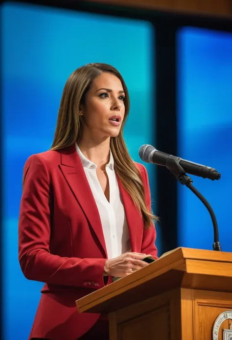 ((woman)), (30 year old), (long hair), (wearing reddish suit), (speech at a lectern), (bible on the pulpit), (modern protestant church background), (natural light), (photo realism), (hyper detailed), diffuse lighting, (((front view))), (Nikon D850 DSLR), (...