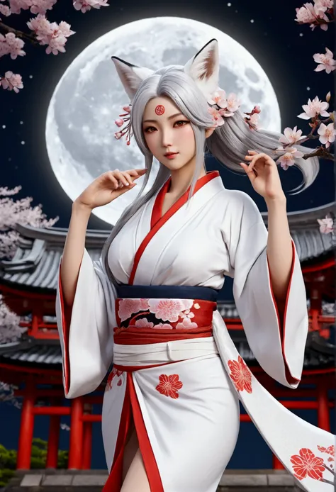 Beautiful Goddess（1 person）、White Fox Incarnation、It has nine tails、Beautiful woman、kimono、Trained muscles、Big Breasts、Gray Hair、Muscular body、Japanese Shrines、Cherry Blossoms at Night、full moon、8k、Realistic