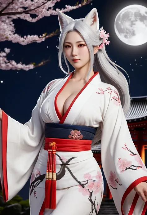 Beautiful Goddess（1 person）、White Fox Incarnation、It has nine tails、Beautiful woman、kimono、Trained muscles、Big Breasts、Gray Hair、Muscular body、Japanese Shrines、Cherry Blossoms at Night、full moon、8k、Realistic