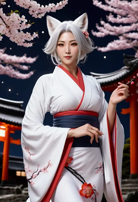 Beautiful Goddess（1 person）、White Fox Incarnation、It has nine tails、Beautiful woman、kimono、Trained muscles、Big Breasts、Gray Hair、Muscular body、Japanese Shrines、Cherry Blossoms at Night、full moon、8k、Realistic