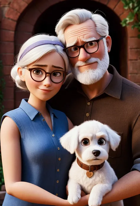 pixar. Couple with a puppy turns brown can. She has white hair tied into glasses, He wears a low beard cap, 30years!