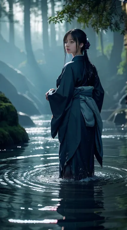 Creating hyper-realistic and terrifying images of Nurona, Fearsome water spirits in Japanese folklore, Depicted in an exaggerated and eerie way.

Nurona&#39;s exaggerated appearance:
Huge wet kimono:

着物は非常にbig, Being dragged along the ground for what seem...