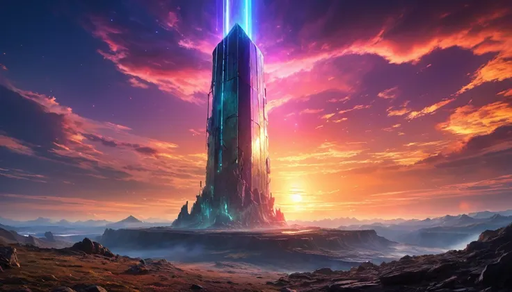 (anime, fantasy, titanium beacon), (best quality, highres, HDR:1.2), vibrant colors, mysterious atmosphere, huge titanium beacon on the horizon, sci-fi beacon, weathered, crumbling down, general shot, ethereal light, fantastical landscapes