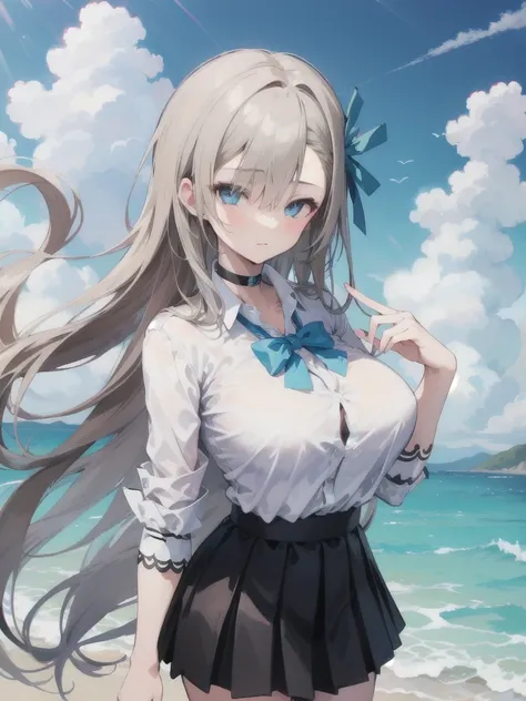 Girl 1 Girl, Asuna, blue eyes, Long Hair, Hair on one eye, Large Breasts,, White shirt, Rolled up my sleeves, Black choker, Black Skirt, Blue bow tie, Sunny seaside, water, blue sky, cloud