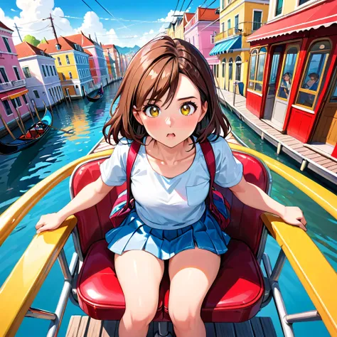 (Highest quality, Super detailed, Realistic: 1.37), Humorous, Cartoon style, Thick lines, Bright colors, Slightly birds-eye view, A passengers perspective on a gondola, Romantic comedy, A high school girl on a Ferris wheel sits on a chair inside the gondol...