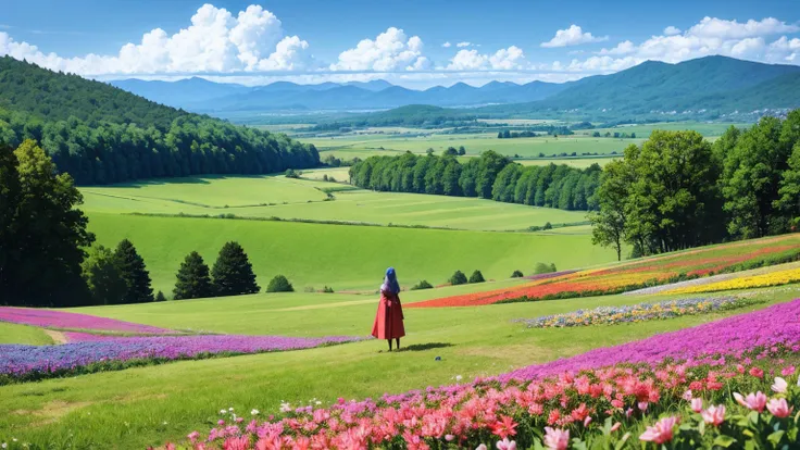 a woman stood on the grass, woman from a distance, landscape, bright blue sky and valley mountain with flower colorful color blue red green purple yellow and ancient fantasy world medieval