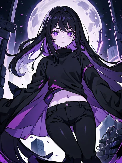 A 14 year old girl, Named: Robin, with long black hair, purple eyes, and white skin tone, has an emo personality, likes dark things and horror things, Wearing a black sweatshirt, and black pants, Bloodied, Dead.