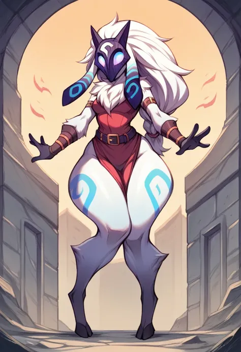 Kindred Female Lamb ,big hips, long hair braid , Belt ,mask  ,Full body , armwear , pose ,curse arm